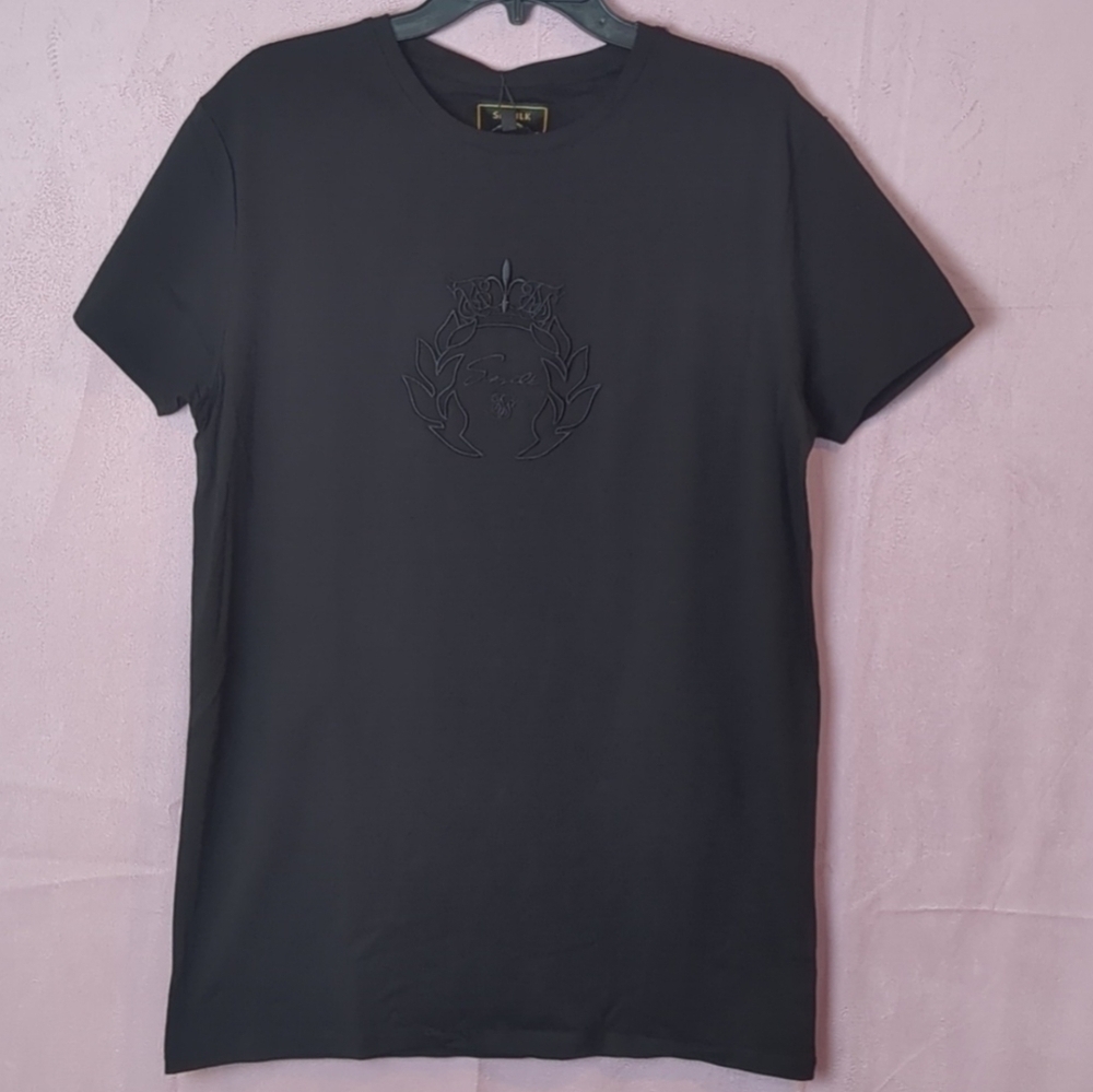 SikSilk Short Sleeve Prestige Embroidery Gym Tee in Black size Large